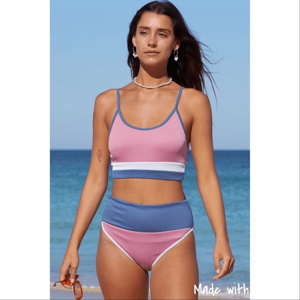 Colorblock 2-Piece Swimsuit, High-Waist, Spaghetti Strap Bralette XL Pink & Blue
